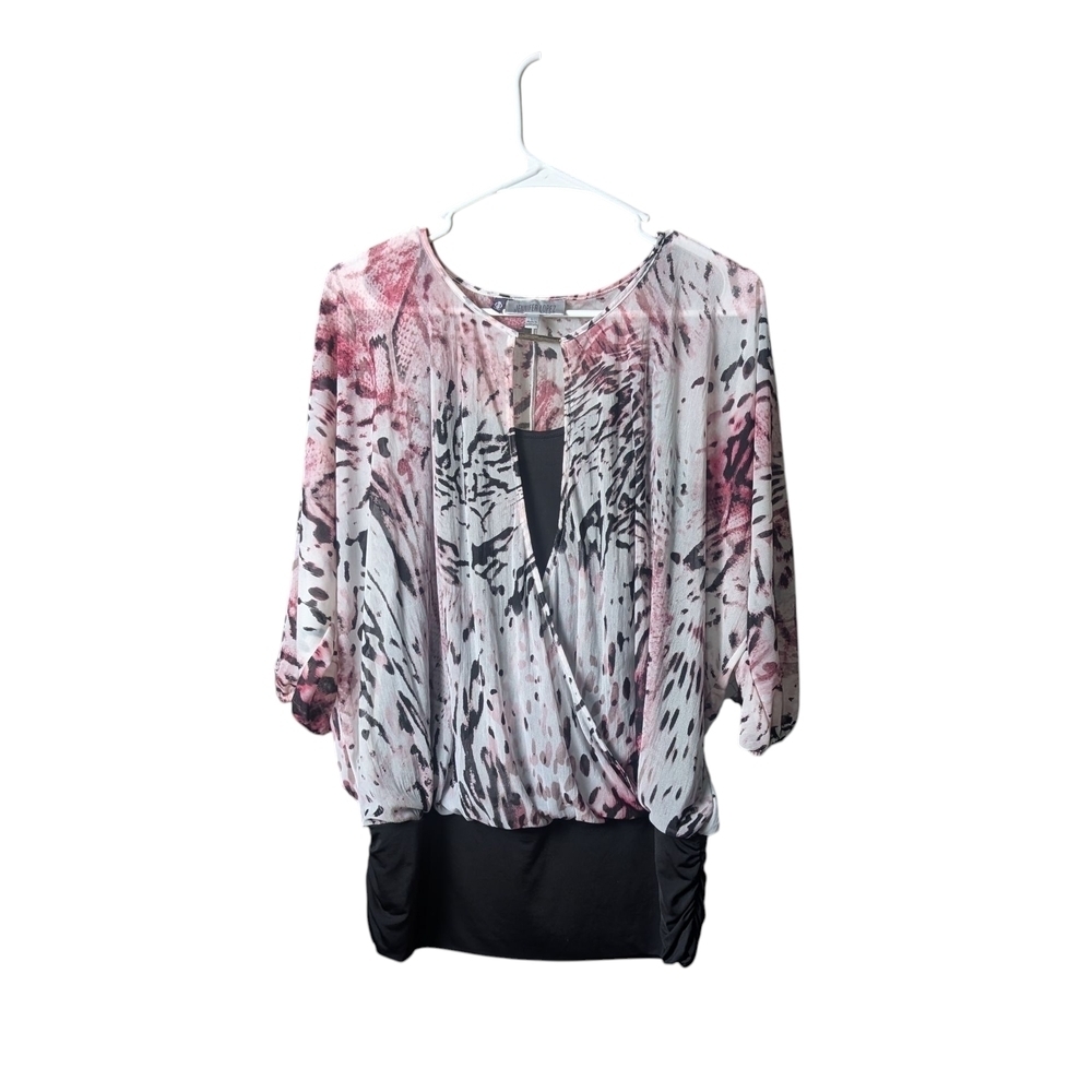 JLO Elegant Pink Black Floral Women's Large Blouse Top Lightweight Fun Bright